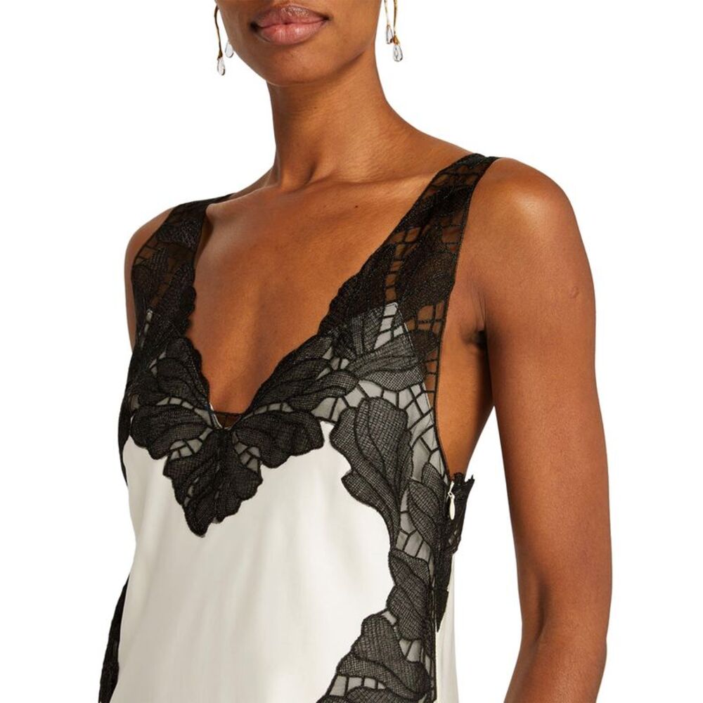 Simkhai Womens Gwynn Lace Trim Satin Midi Dress 2 Ivory/Black - NWT $795 - Picture 3 of 6